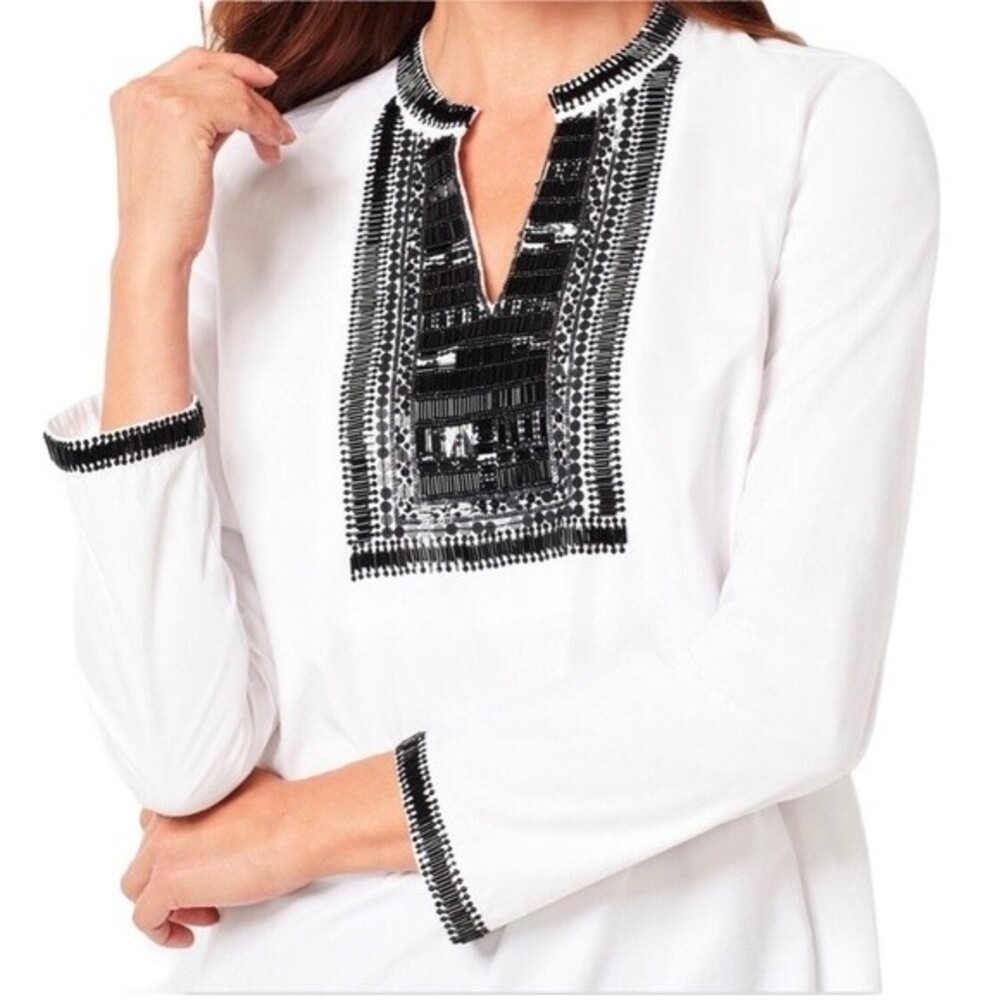 Talbots rsvp New! Beaded Sequin Poplin Tunic Long Sleeve Cotton Split Neckline